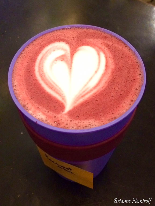 A beet root latte to-go in a KeepCup at Sugar House Coffee in Salt Lake City