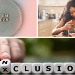 A collage showing a woman enjoying a healthy meal, the word inclusion being revealed, and the phrase I Am Vegan in a circular frame.