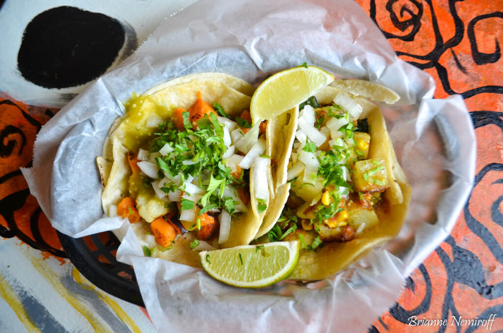 sweet potato, cauliflower, potato tacos at el burro pittsburgh