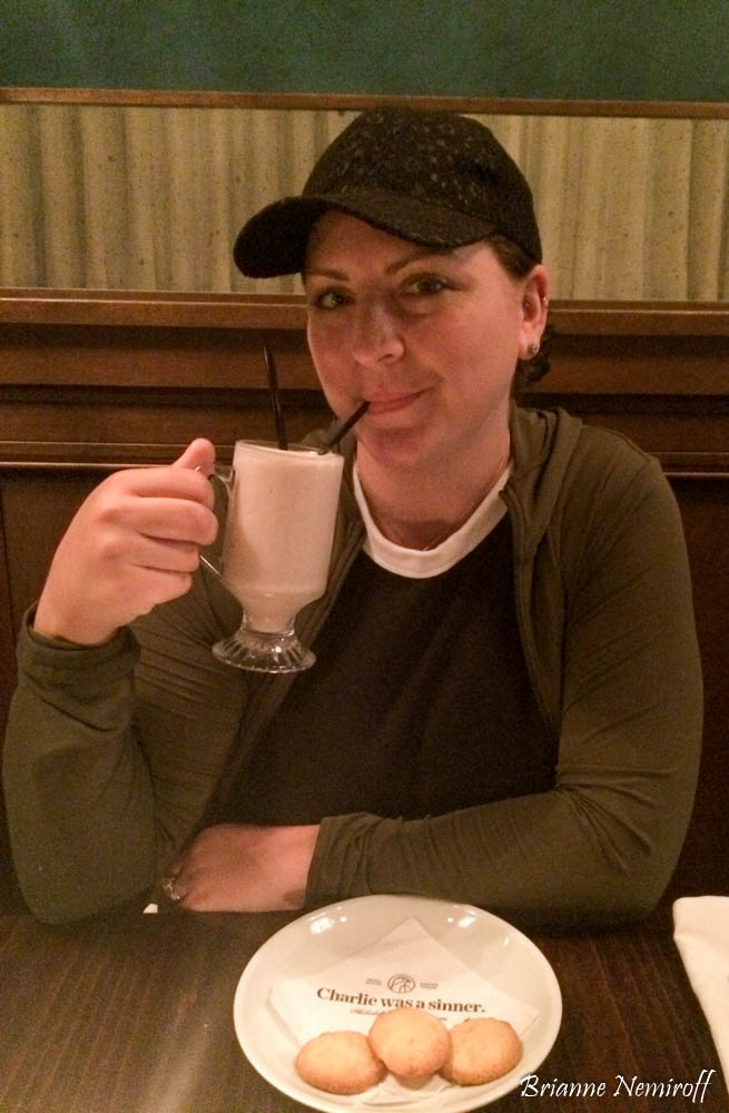 Brianne Nemiroff of It's Bree and Ben drinking a milkshake at Charlie was a sinner. in Philadelphia